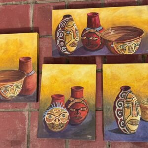 Judith Shaw — Amarindian Family, oil on canvas, Four-panel work: three panels at 16 × 12 inches; one panel at 11 × 22 inches