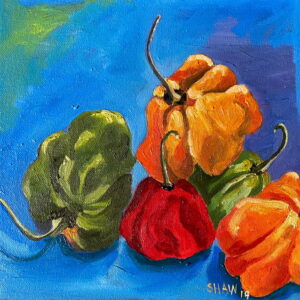 Judith Shaw — Peppers, oil on canvas, 8 × 8 inches