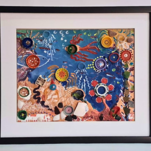 Intertwined by Kavir Mootoo — framed mixed-media painting with reclaimed beach plastic