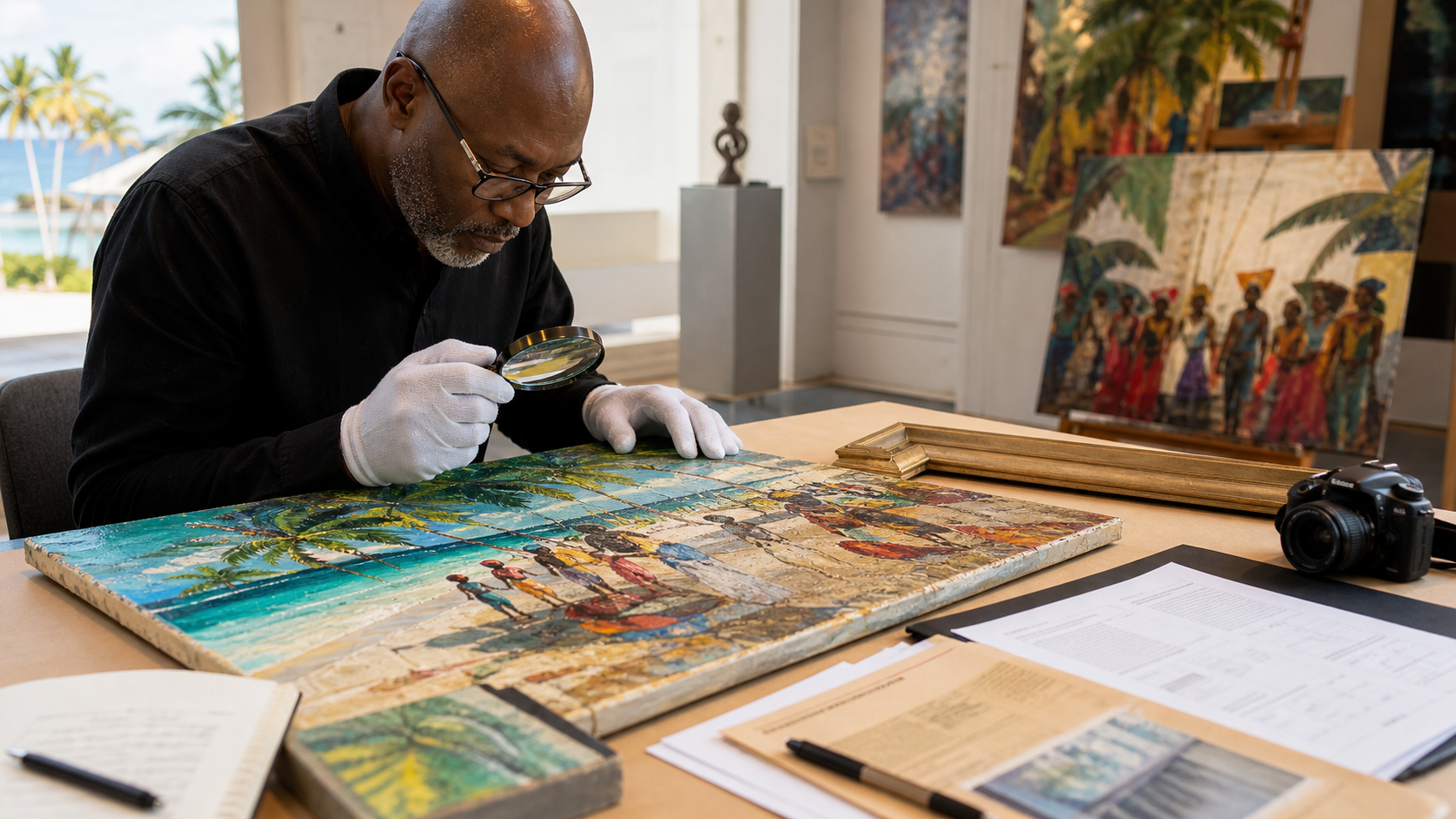 Sea Sand Art Source examining a Caribbean painting with a magnifying glass, the authentication process